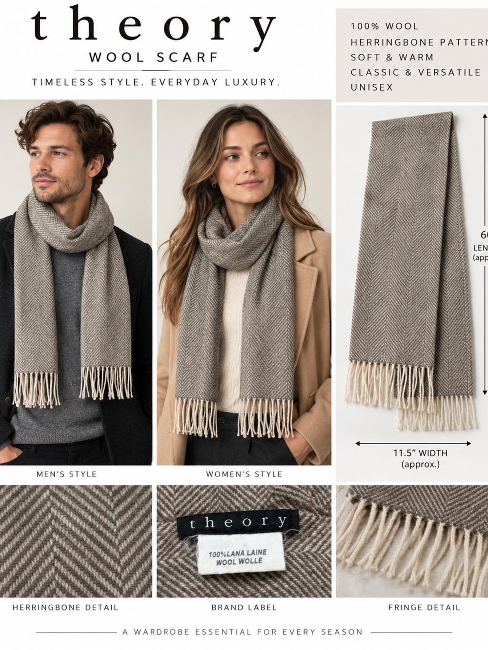 Theory 100% Wool Herringbone Scarf Brown Beige Fringe 60" Classic Unisex